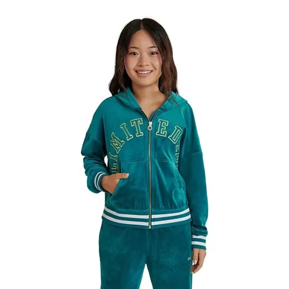 Limited Too Girls Velour Jacket Size Small 7-8 Teal Green Full Zip Hoodie